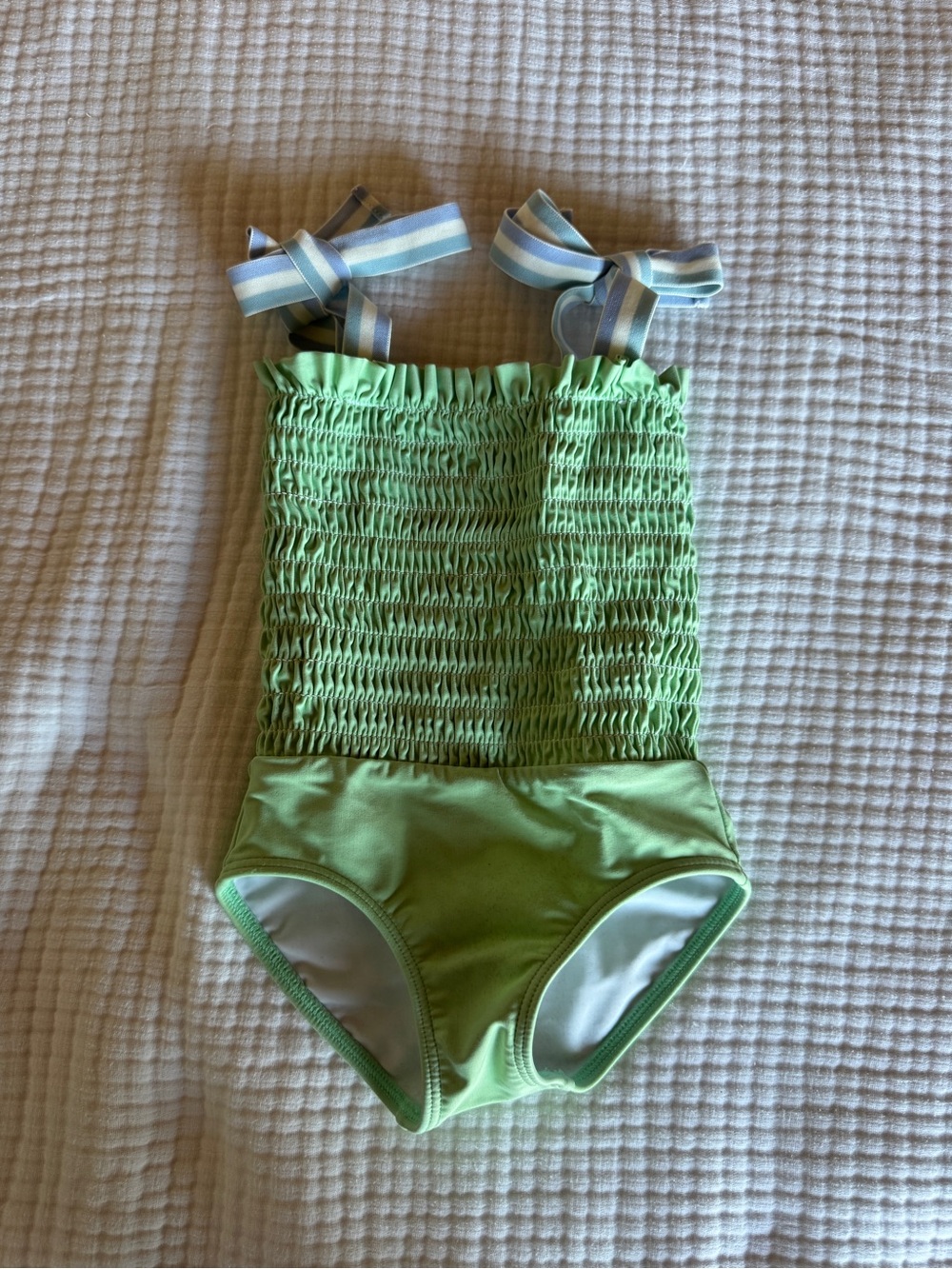MinnowSmocked Green Girls One-Piece Swimsuit with Striped Tie Straps - Kids